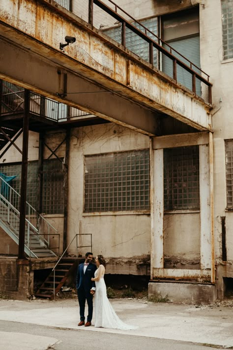 Industrial Wedding Photography, Industrial Wedding Dress, Artsy Engagement Photos, Industrial Photoshoot, Industrial Wedding Photos, Grunge Wedding, Urban Wedding Photography, Industrial Chic Wedding, Earthy Wedding