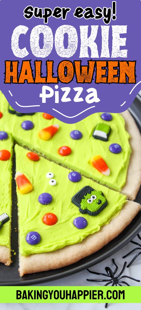 Halloween Cookie Pizza, let your kids use their imaginations to decorate this easy to make treat for Halloween! Halloween Cookie Pizza, Halloween Cookie Decorating Party, Pizza For Halloween, Halloween Cookie Decorating, Sugar Cookie Pizza, Sweet Easy Recipes, Halloween Punch Recipes, Cookie Board, Pizza Baking