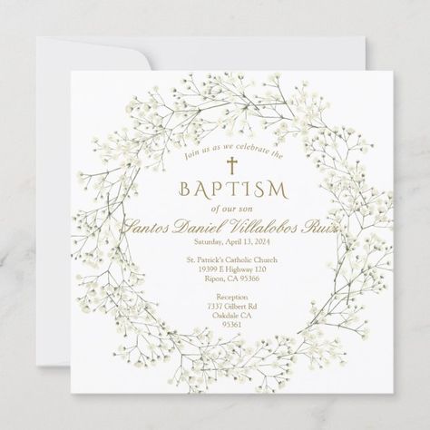 Create your own Invitation | Zazzle Baptism Themes, Margaret Rose, Christening Invitation, Breath Flowers, Christening Party, Floral Wreath Watercolor, Baby Breath, Baptism Invitation