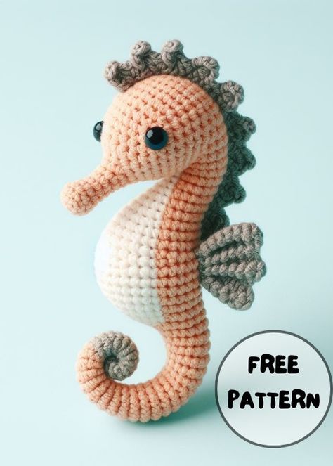 Crochet Seahorse Amigurumi Pattern Free Sea Creature Crochet Pattern, Seahorse Pattern Printable, Sea Amigurumi Free Pattern, Sea Crochet Pattern Free, Crochet Amigurumi Sea Creatures, Amigurumi Seahorse Pattern Free Crochet, Free Crochet Seahorse Pattern, Bass Crochet Pattern Free, Seahorse Amigurumi Free Pattern