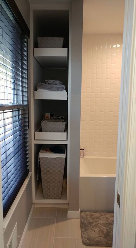 Narrow Storage Bathroom, End Of Shower Storage, Bathroom Built In Storage Ideas, Big Bathroom Storage Ideas, Bathroom With Built In Storage, Bathroom Storage Built Into Wall, Small Bathroom Closet Remodel, Diy Bathroom Storage Shelves, Narrow Bathroom Built In Cabinet