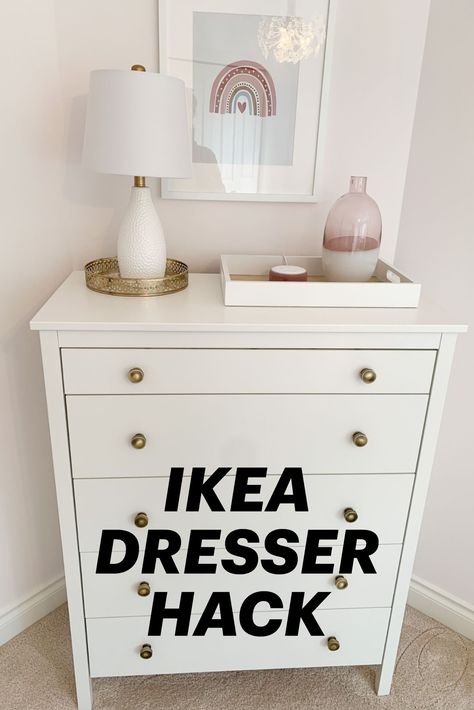 We love a good hack. These simple updates made a huge difference to dress up our daughter's IKEA Koppang dresser. Check out the simple and inexpensive updates on our blog and follow us for more. Koppang 5 Drawer Dresser, Ikea Hack Koppang, Ikea Dresser Hack Koppang, Cheap Dresser Ideas, Ikea Idanäs Dresser Hack, Ikea Idanäs Hack, Chest Of Drawers As Bedside Table, Simple Dresser Decor Bedroom, Ikea Koppang Dresser Hack