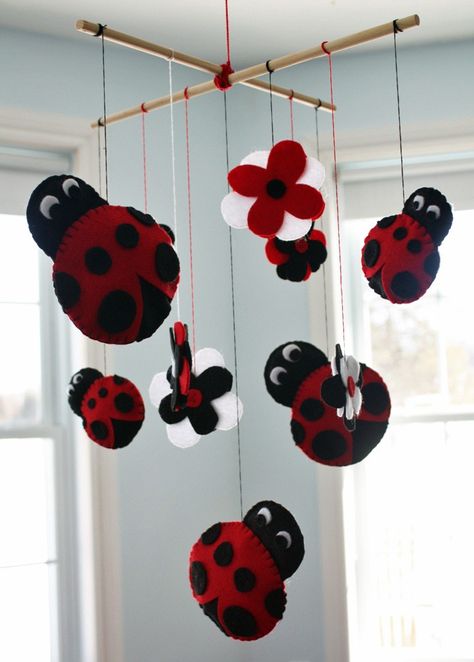 Homemade mobile Homemade Mobile, Ladybug Nursery, Grouchy Ladybug, Ladybug Baby, Baby Batman, Baby Ladybug, Baby Niece, Baby Mine, Felt Mobile