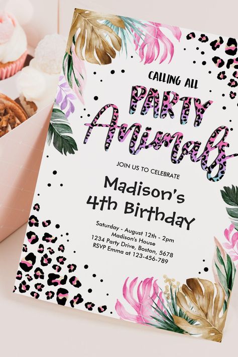 Calling All Party Animal Safari Leopard Birthday Invitation Cheetah Birthday Party, Leopard Print Birthday, Cheetah Birthday, Leopard Print Party, Leopard Birthday, Wild Birthday Party, Wild Jungle, Girl Bday Party, Wild One Birthday Party