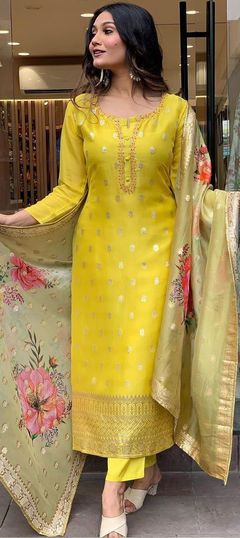 Yellow color Salwar Kameez in Organza Silk fabric with Embroidered work Silk Saree Salwar Suit, Punjabi Suits New Trend, Long Straight Kurta Designs, Silk Chudidar Salwar Suits, Silk Saree Suits Designs, Straight Salwar Suit Designs, Silk Salwar Patterns, Party Wear Suit Designs For Women, Silk Fabric Dress Design