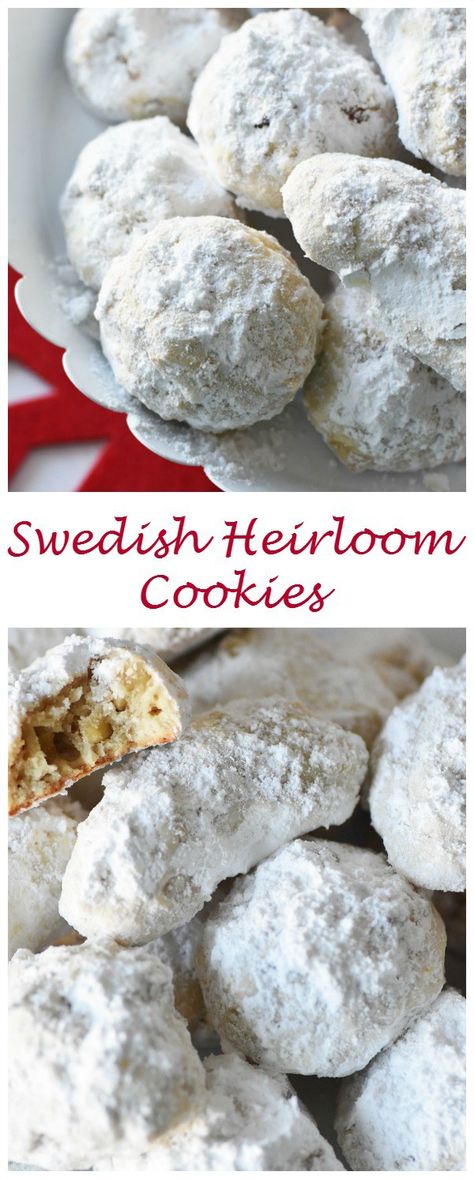 Swedish Heirloom Cookies. These cookies are also called Snowball cookies, walnut butter cookies, or crescent cookies. Swedish Almond Cookies, Swedish Cookies Christmas, Swedish Coconut Cookies, Swedish Ribbon Cookies, Swedish Heirloom Cookies, Ball Desserts, International Cookies, Cookies Walnut, Scandinavian Dishes