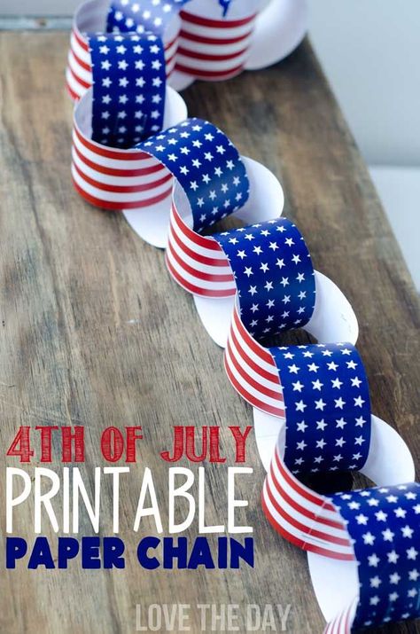 4th Of July Crafts For Kids:: A Patriotic Paper Chain FREE PRINTABLE and Tutorial Patriotic Decorations Party, Fourth Of July Ideas, 4th Of July Party Ideas, Fourth Of July Decorations, 4th Of July Crafts, Paper Chain, 4th Of July Ideas, Forth Of July, Paper Chains