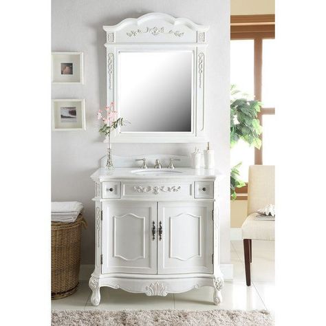 This 36" Single Bathroom Vanity Set with Mirror has a traditional antique look with ornate molding throughout. Center cabinet doors open to large interior storage. The trim and the scrolls motif display exquisite beauty, with outward Victorian style feet French Country Style Bathroom, Country Bathroom Designs, Blue Bathroom Interior, Country Style Bathrooms, Baños Shabby Chic, French Country Bathroom, Sophisticated Bathroom, French Country Bedrooms, Country Bathroom