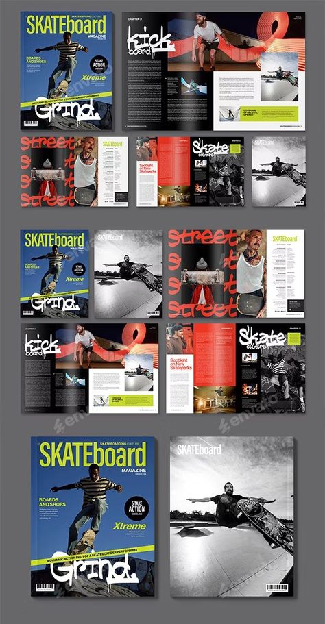 Skateboarding Magazine Template, Print Templates | GraphicRiver Magazine Theme Ideas, Surf Editorial, Skater Magazine, Skate Magazine, Skateboarding Magazine, Skateboard Magazine, Catalog Ideas, Magazine Format, Indesign Magazine Templates