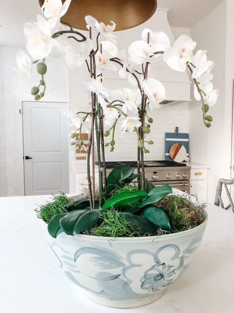 How To Make Faux Orchid Arrangement, Faux Orchid Arrangements Diy, Faux Orchid Arrangements, Diy Orchids, Kitchen Island Centerpiece, Hanging Orchid, Faux Orchid, Orchid Flower Arrangements, Orchid Centerpieces