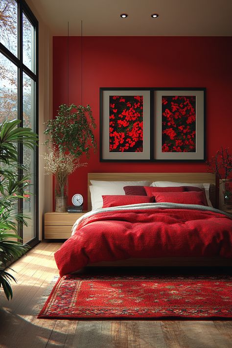 Tired of the same old bedroom?  Red and green bedroom decor adds energy and personality.  These 20 ideas showcase how to use red and green in your bedroom, from bold accent walls to subtle pops of color.  Get inspired by red and green bedroom themes, like modern farmhouse or vintage glam. Red Wall Bedroom Ideas, Red Wall Bedroom, Red Green Bedroom, Red And Green Bedroom, Red Bedrooms, Closet Doors Painted, Green Bookshelves, Green Bedside Table, Red Headboard