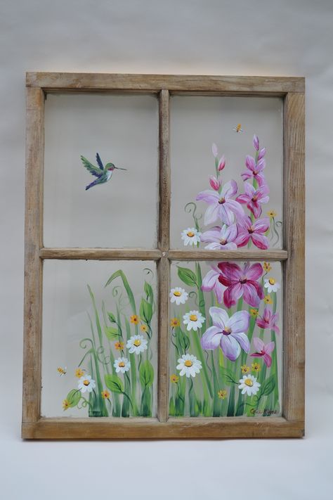 Old Windows Painted, Old Window Art, Hand Painted Windows, Window Frame Art, Window Pane Art, Old Window Decor, Painted Window Art, Painting On Glass Windows, Window Crafts