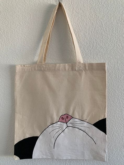 Diy Tote Bag Design, Handpainted Tote Bags, Canvas Bag Diy, Painted Cat, Cat Tote Bag, Hand Painted Cat, Painted Tote, Painted Bags, Cats Tote Bag