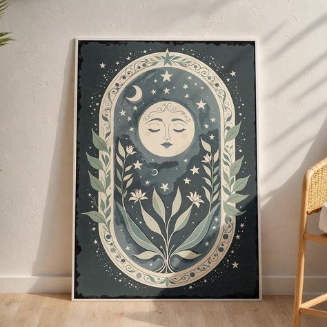 🎨Elevate Your Space with Style🎨 Transform your living space with this stunning Celestial Moon Art Print, featuring a serene moon face surrounded by a mystical night sky filled with stars and delicate foliage. This vintage-inspired design blends boho aesthetics with celestial themes, making it a perfect addition to any bedroom, meditation space, or spiritual home decor. The intricate detailing and calming color palette evoke a sense of peace and wonder, creating a focal point in any room. Ideal Lovers Spiritual, Celestial Room, Spiritual Home Decor, Spiritual Home, Lotus Flower Design, Wall Art For Bedroom, Moon Art Print, Art For Bedroom, Bedroom Gift