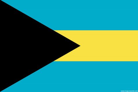 The flag colors are aquamarine-blue, gold, and black. The colors are very symbolic.  Gold stands for the sun and sand  Blue stands for the sea  The black triangle stands for the unity of the Bahamian people, moving forward together. Bahamian Flag, Cruise Scrapbook Pages, Caribbean Flags, Bahamas Flag, Bahamas Resorts, Cruise Scrapbook, Countries And Flags, United Kingdom Flag, Pakistan Zindabad