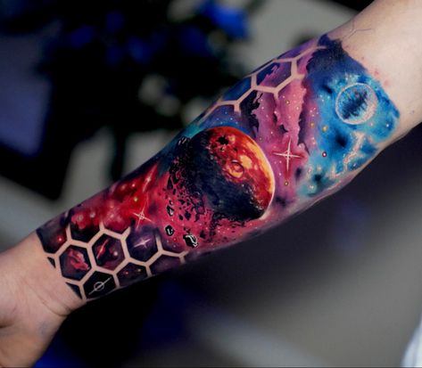 3d Galaxy Tattoo, Watercolor Galaxy Tattoo Sleeve, Galaxy Half Sleeve Tattoo, Geometric Galaxy Tattoo, Color Block Tattoo, Space Tattoo Color, Space Arm Tattoo, Galaxy Tattoo Design, Watercolor Galaxy Tattoo