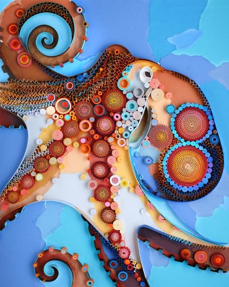 Quilled Jellyfish, Paper Quilling Octopus, Paper Quilling Whale, Paper Quilling Mermaid, Yulia Brodskaya, Mixed Media Octopus, Octopus Crafts, Large Scale Artwork, Octopus Tattoo