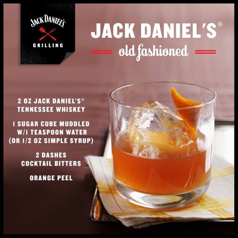 The old fashioned that never gets old. Stir together 2 oz of Jack Daniel's Tennessee Whiskey, 1 sugar cube muddled with 1 teaspoon of water, 2 dashes of cocktail bitters, and an orange peel. Sit back and admire the beautiful artwork you just created. Jack Daniels Cocktails, Jack Daniels Drinks, Jack Daniel's Tennessee Whiskey, Bartender Drinks, Cocktail Bitters, Easy Drink Recipes, Bourbon Cocktails, Whiskey Drinks, Fall Drinks