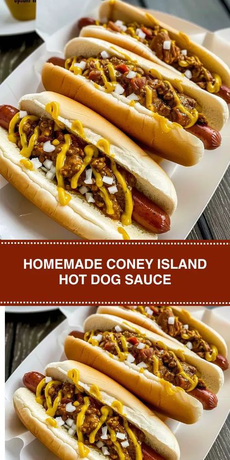 Transform your hot dogs with this Homemade Coney Island Hot Dog Sauce recipe! Packed with savory flavors and a touch of spice, this sauce is perfect for topping grilled or boiled hot dogs. Easy to Coney Island Hot Dogs, Coney Island Hot Dog Sauce Recipe, Coney Island Hot Dog Sauce, Hot Dog Game, Coney Dog Sauce, Cony Island, Super Moist Cornbread, Boiled Hot Dogs, Hot Dog Sauce Recipe