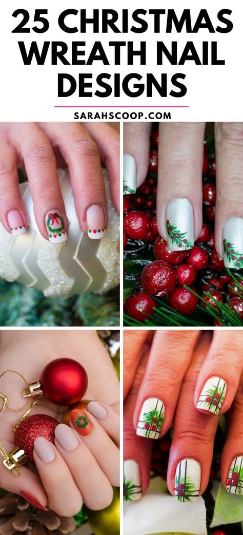 Get into the festive spirit! Embrace the holiday season with these stylish and unique Christmas Wreath Nail Designs! 💅🎄😍 #christmas #nailinspo Garland Nail Art, Wreath Nail Design, Christmas Wreath Nail Art, Christmas Nails Wreath, Christmas Wreath Nails, Wreath Nails, Nail Designs Christmas, Festive Manicure, Traditional Wreath