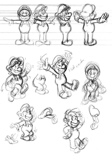 Mario Character Design, Mario Art Style, Anime Model Sheet, Model Sheet Character Design, Mario Reference, Mario Sketch, Model Sheet Character, How To Draw Mario, Mario Comics