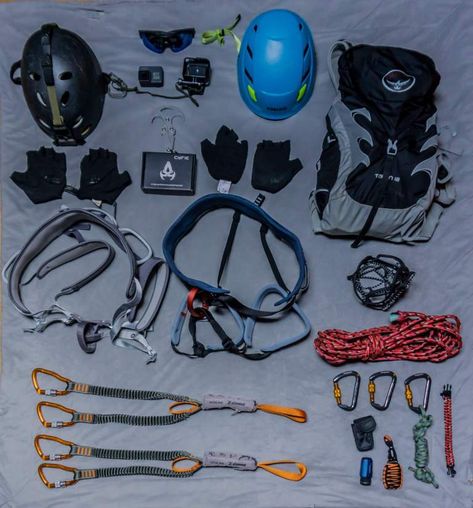 Via Ferrata Mountain Climbing Gear. Harness, Helmet, Via Ferrata Carabiner Set, GoPro, Gloves, Rope, Osprey Backpack Climbing Gears, Mountain Climbing Gear, Rock Climbing Equipment, Climbing Knots, Climbing Equipment, Alpine Climbing, Mountain Gear, Climbing Harness, Emergency Preparedness Kit