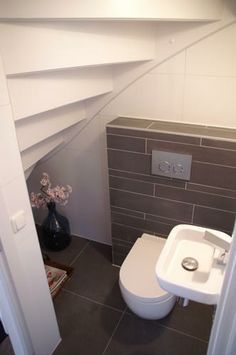 toilet underneath the stairs - Google Search Understairs Toilet, Room Under Stairs, Small Downstairs Toilet, Cloakroom Toilet, Bathroom Under Stairs, Downstairs Cloakroom, Small Toilet Room, Bad Inspiration, Downstairs Toilet