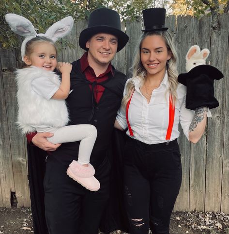 Magician, magician assistant, and white bunny costume for matching family DIY costumes Magician Family Halloween Costumes, Bunny Family Costumes, White Rabbit And Magician Costume, Magician And Rabbit Costume Couple, Bunny And Magician Costume Couple, Magician And Assistant Costume, Magician Family Costume, Diy Magician Costume, Magician Rabbit Costume