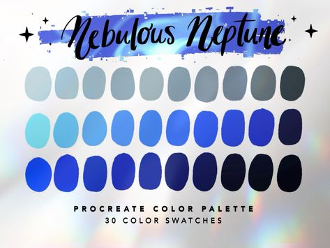 Nebulous Neptune Color Palette For Procreate This color palette contains 30 color swatches to use in Procreate App. These colors were handpicked and were inspired by Neptune.  ⭐️ || YOU WILL RECEIVE || ⭐️ 1 x Procreate Palette Instructions 1 x JPG file with all swatches 1 x Nebulous Neptune Color Palette for Procreate || .swatches file ⭐️ || HOW TO USE || ⭐️ 1. You will receive an email after you complete checkout with a link to download the files.  2. You can also log into your Etsy account on Neptune Color Palette, Octopus Color Palette, Saturn Color Palette, Month Color Palette, Neptune Color, Procreate Swatches, Color Palette Procreate, Procreate Palette, Procreate Color Palette