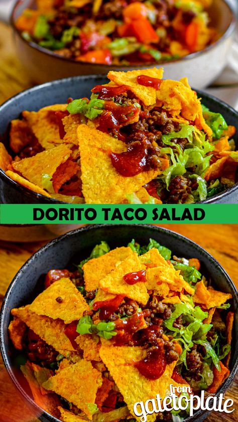 Dorito Taco Salad - From Gate To Plate Meatless Taco Salad, Doritos Tacos, Dorito Taco Salad, Dorito Taco, Meatless Taco, Taco Salad Doritos, Doritos Taco, Taco Salads, Cooking Recipes Healthy