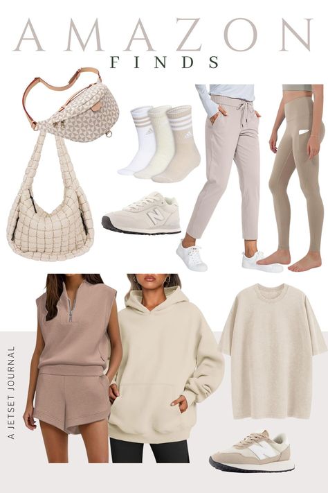 Elevate your comfort with these must-have neutral athleisure pieces! From a quilted puffer crossbody bag that’s perfect for carrying your essentials to versatile neutral sneakers from New Balance, this collection has it all. Choose between neutral leggings with pockets or cozy joggers for any casual day. Plus, discover the softest hoodie and a stylish two-piece set. Shop now for the ultimate in comfort and style! Athlesuire Outfit, Neutral Athleisure, Neutral Leggings, Women Gym Outfits, Neutral Sneakers, Activewear Style, Trendy Workout Outfits, Fall Fitness, Sports Bra Outfit