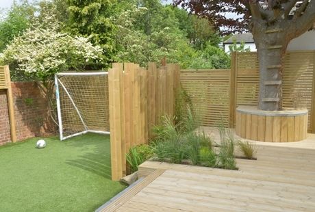 Garden With Football Area, Football Area In Garden, Football Garden Ideas, Football Garden, Backyard Soccer Ideas, Small Soccer Field Backyard, Garden Football Pitch, Small Child Friendly Garden, Batting Cage Backyard