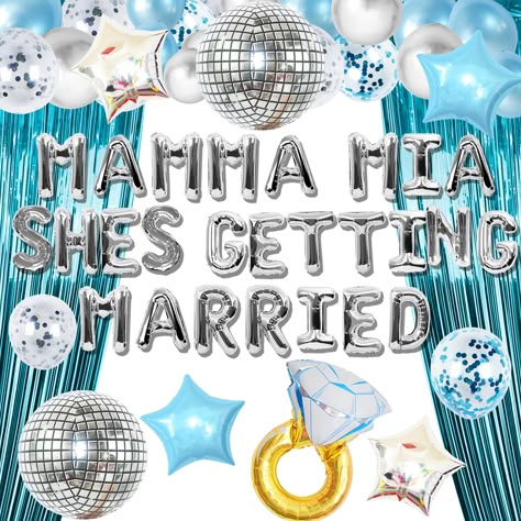 PRICES MAY VARY. Our Mamma Mia Bachelorette Decoration will bring dreamy and beautiful embellishment to your party. Through simple assembly, and hanging the photo to complete a most gorgeous background wall. Our Last Disco Bachelorette Decoration will bring unparalleled joy and the most beautiful moments to your family and friends. What you will receive: 1 x Mamma Mia Shes Getting Married letter Balloons, 4 x stars balloons, 40 x balloons, 2 x disco balloons, 1 x blue curtain, 1 x ring balloon. Mamma Mia Party Decorations, Last Disco Party, Mamma Mia Party, Last Disco Bachelorette Party, Last Disco Bachelorette, Disco Bachelorette Party, 70s Disco Party, Last Disco, Bride To Be Balloons