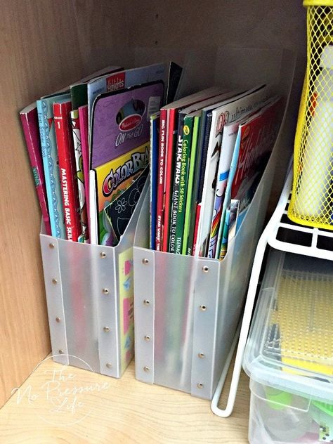 Such a great way to organize coloring books! Coloring Books Storage Ideas, Organizing Coloring Books, Playroom Book Organization, How To Organize Coloring Books, Organize Coloring Books, Organizing Coloring Supplies, Coloring Book Organization Kids, Coloring Supplies Organization, Coloring Book Storage Ideas