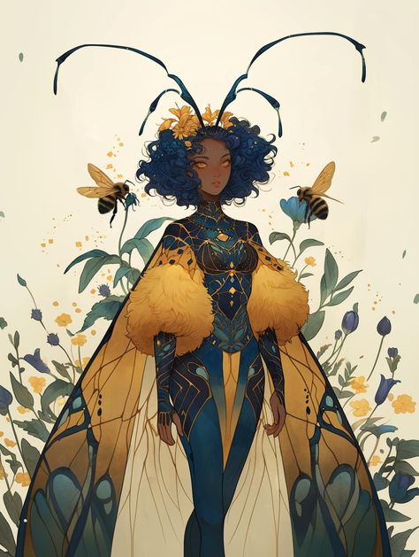 Facebook Moth Wing Fairy, Bee Fairy Art, Steampunk Fairy Art, Bumble Bee Character Design, Honey Bee Character Design, Fairy Dnd Character Art, Faerie Character Design, Fey Character Design, Fairy Oc Art