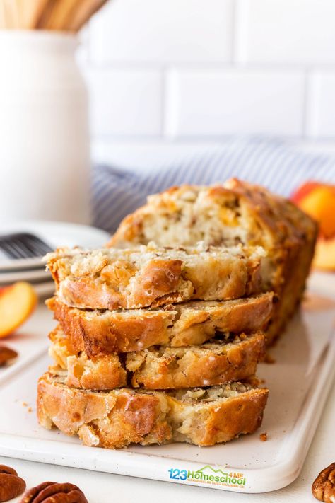 🍑 Peach Pecan Bread Recipe Pecan Bread Recipe, Easy Egg Casserole, Bagel Dip, Apple Pie Bread, Peach Bread, Pecan Bread, Pumpkin Pie Oatmeal, Dessert Breads, Apple Salad Recipes