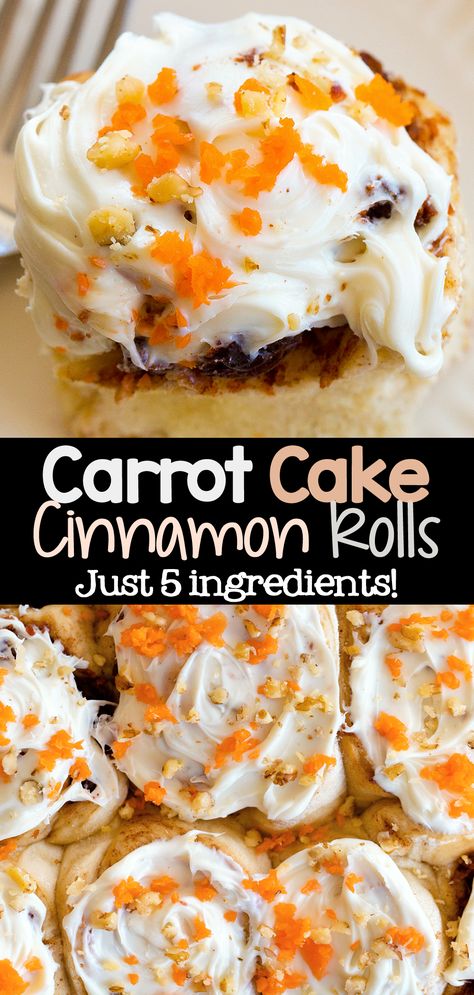 5 ingredient Carrot Cake Cinnamon Rolls - Easy Easter Recipe Idea Carrot Cake Cinnamon Rolls Easy, Fancy Easter Desserts, Thick Cream Cheese Frosting, Carrot Cake Cinnamon Rolls, Cake Cinnamon Rolls, Keto Favorites, Breakfast Cinnamon, Quick Cinnamon Rolls, Anise Cookies