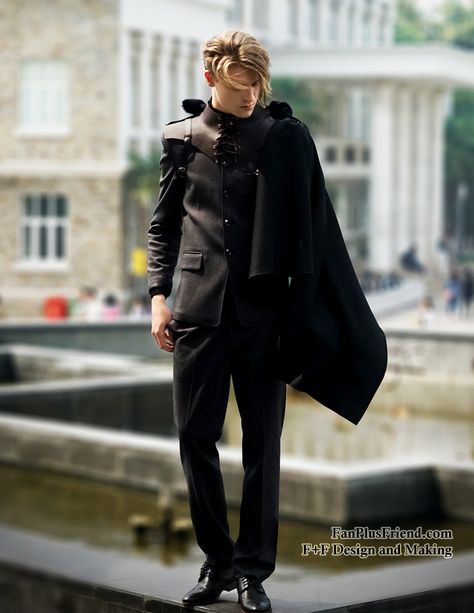 Gothic Academia Fashion Male, Victorian Gothic Male Outfit, Victorian Goth Male Fashion, Gothic Coat Men, Black Combat Boots Outfit, Britain Fashion, Gothic Trench Coat Men, Formal Dress Pants, Cape Outfit