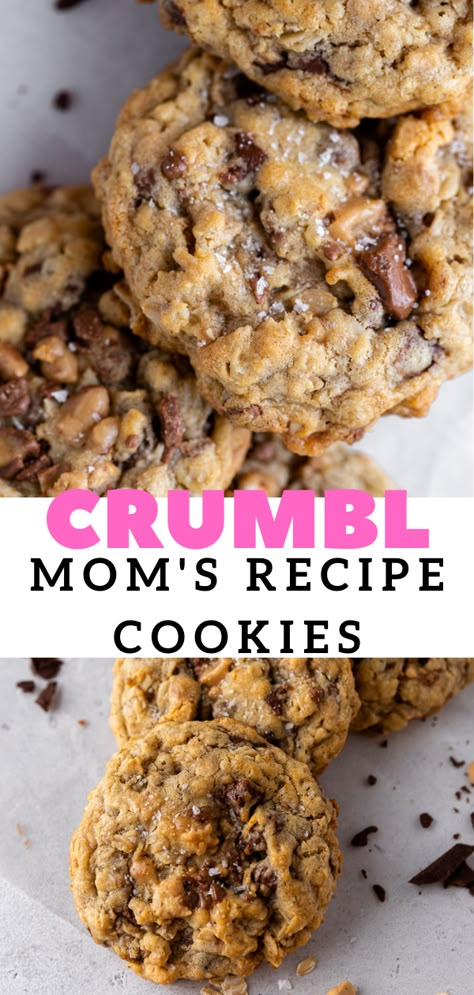 These mom's recipe Crumbl cookies are the best oatmeal chocolate chip peanut butter chips and toffee cookies ever. Crumbl Cookie Moms Recipe, Oatmeal Crumble Cookies, Moms Recipe Cookies, Crumbl Moms Recipe, Crumbl Oatmeal Chocolate Chip Cookie Recipe, Best Toffee Cookies, Oatmeal Cookies Crumbl, Crumble Cookie Copycat Recipe Oatmeal, Best Oatmeal Chocolate Chip Cookies Ever