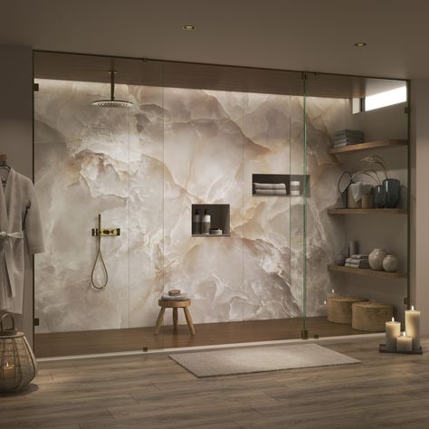 Sand Bathroom, Onyx Shower, Acrylic Wall Panels, Bathroom Wall Panels, Shower Wall Panels, Decorative Wall Panels, Kitchen Wall Tiles, Bathroom Inspiration Decor, Big Bathrooms