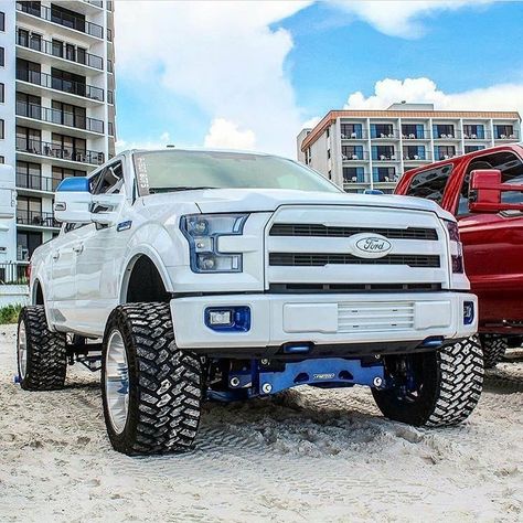 #Ford #F150 #Lifted #Modified white Ford F150 Lifted, F150 Lifted, Jacked Up Truck, Diesel Trucks Ford, Chevy Trucks Silverado, Ford Trucks F150, Custom Wheels, Ford Truck, Diesel Trucks