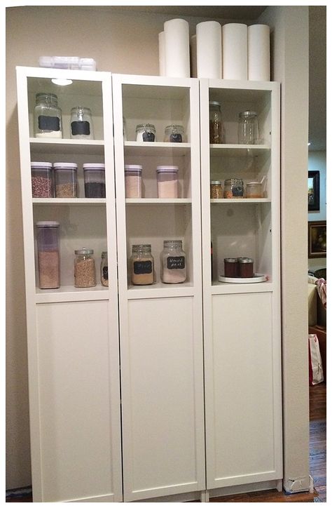 ikea billy bookcase as pantry_0031 Ikea Remodel, Shelving Hacks, Ikea Pantry Organization, Bookcase Kitchen, Standing Pantry, Pantry Hacks, Ikea Pantry, Billy Ikea, Diy Pantry Organization