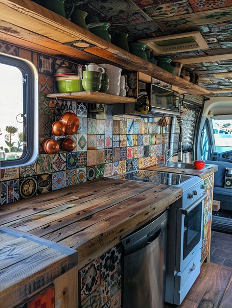 Green Camper Interior, Witchy Camper, Van Kitchens, Camper Van Kitchen, Hippie Camper, Boho Camper, Beach Van, Caravan Living, Caravan Decor