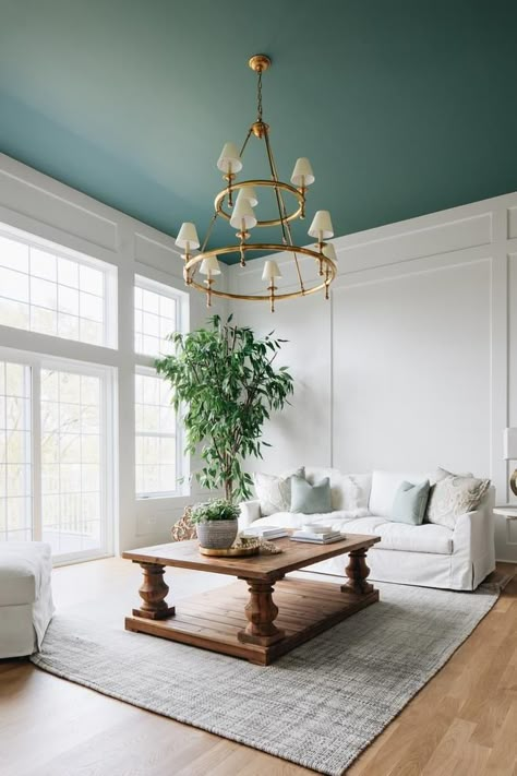 Aegean Teal, Ceiling Paint Colors, Townhouse Interior, Blue Ceilings, Colored Ceiling, Transitional Living, Coastal Living Rooms, Southwest Decor, Living Room Ceiling