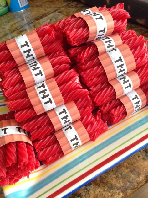 Minecraft TNT party snack - TNT printable, tape, and Red Vines ... Minecraft Tnt, Army Birthday Parties, Army's Birthday, Nerf Birthday Party, Army Party, Spy Party, Nerf Party, Minecraft Birthday Party, Party Snack