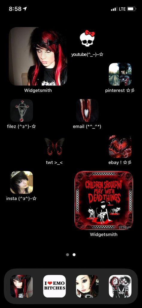 emo emo ios 15 layout homescreen homescreen idea ios 14 Emo Widgetsmith Ideas, Emo Phone Layout Ideas, Emo Y2k Wallpaper, Scene Homescreen Layout, Emo Iphone Layout, Scene Iphone Layout, Scene Homescreen, Emo Ios Layout, Emo Homescreen Layout