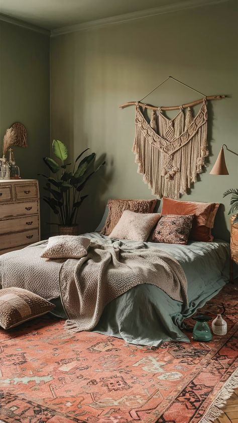 "Boho bedroom with sage green walls and earthy tones like terracotta, browns, and tans, creating a warm and cozy atmosphere." Boho Bedroom Terracotta, Tulum Bedroom, Dark Bohemian Bedroom, 2025 Prep, Bedroom Terracotta, Sage Green Boho Bedroom, Terracotta Accents, Spanish Bedroom, Green Boho Bedroom