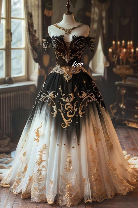 Black And Gold Princess Dress, Black Fantasy Dress Queens, Black And Gold Fantasy Dress, Luxury Gothic Ball Gown Dress, Queen Dress Royal Fantasy Gold, Fancy Dresses Long, Fantasy Dresses, Dress Design Sketches, Fantasy Gowns