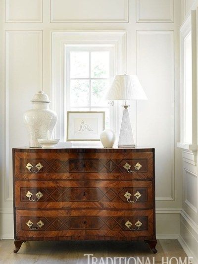 Using Pattern to Dictate Palette | Centsational Style Antiques In Modern Home, White Objects, Foyer Decorating, Antique Chest, Stone House, Dresser As Nightstand, Traditional Decor, Traditional House, Leather Sofa