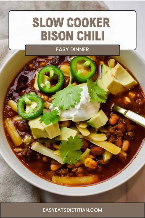 Slow Cooker Bison Chili Bison Chili Crockpot, Healthy Bison Chili, Bison Soup, Bison Chili Recipe, Dinner Staples, Bison Chili, Southwest Chicken Soup, Bison Recipes, Gluten Free Sweet Potato